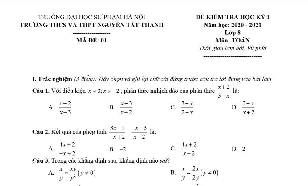 Toán 8-Đề kiểm tra cuối kỳ 1 Trường THCS Nguyễn Tất Thành - ĐH Sư Phạm Hà Nội năm học 2020-2021